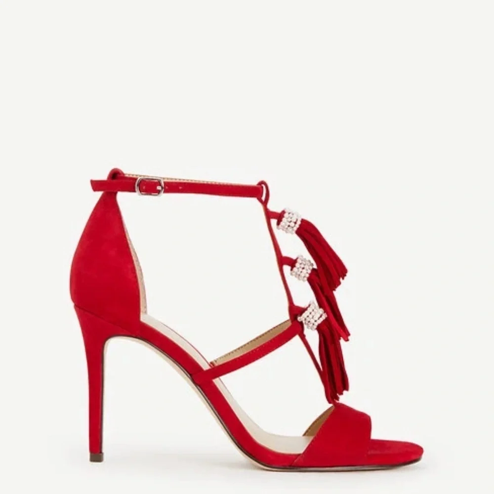 Ann Taylor Adina Fringe stiletto sandals red suede with pearlized tassels 9 NWT